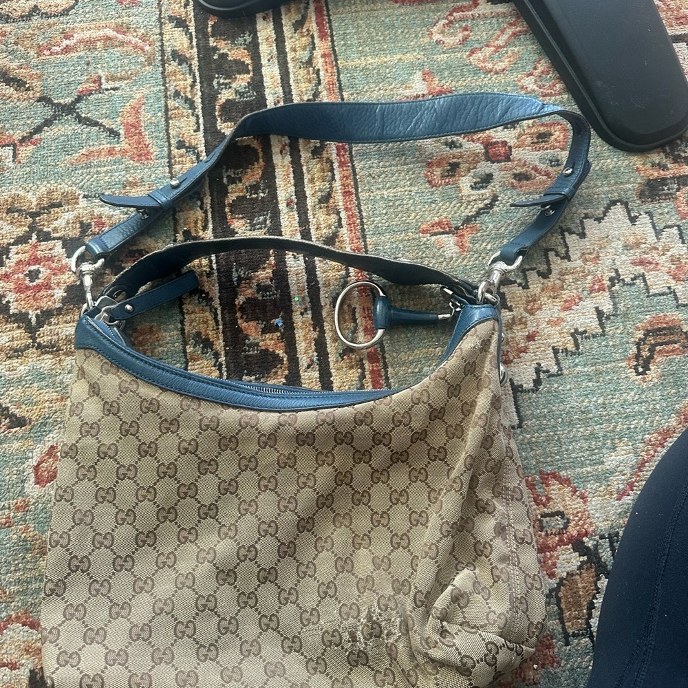 Gucci Brown and Blue Shoulder Bag with Iconic Monogram